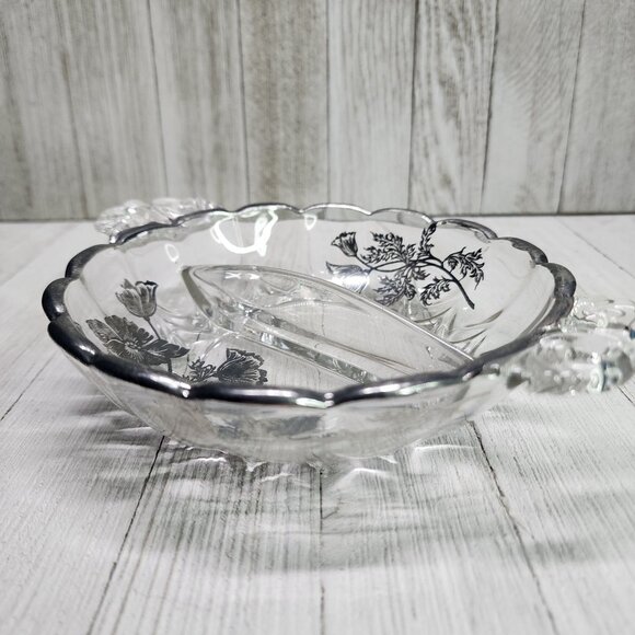 Vintage Silver City Silver Overlay Glass Flanders Divided Relish Dish Floral - Picture 2 of 7